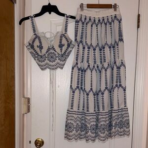 Commense Elegant Blue and White Patterned Top and Skirt Set